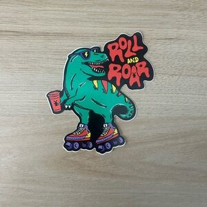 Dutch Bros Green Dinosaur Sticker with Red and Yellow Accents